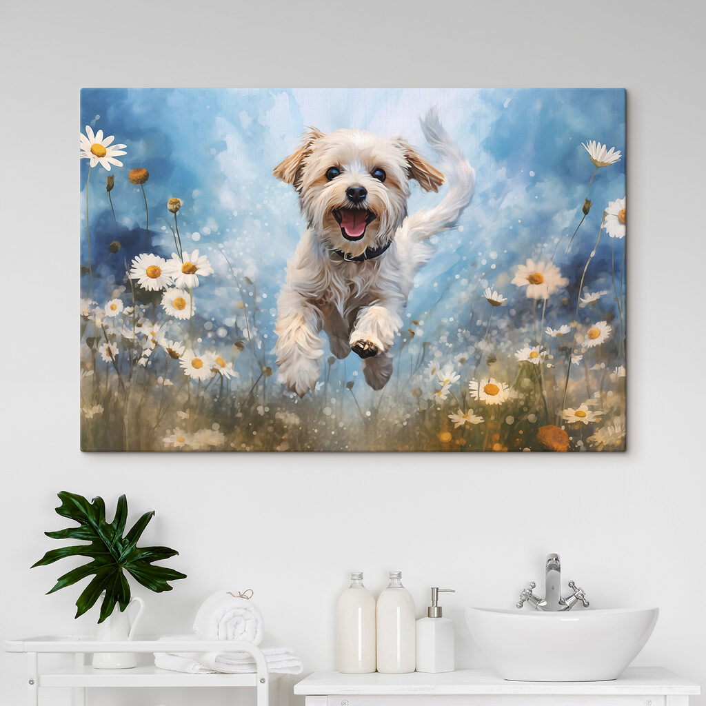 Hündchen springt durch Blumen in einem Interieur
