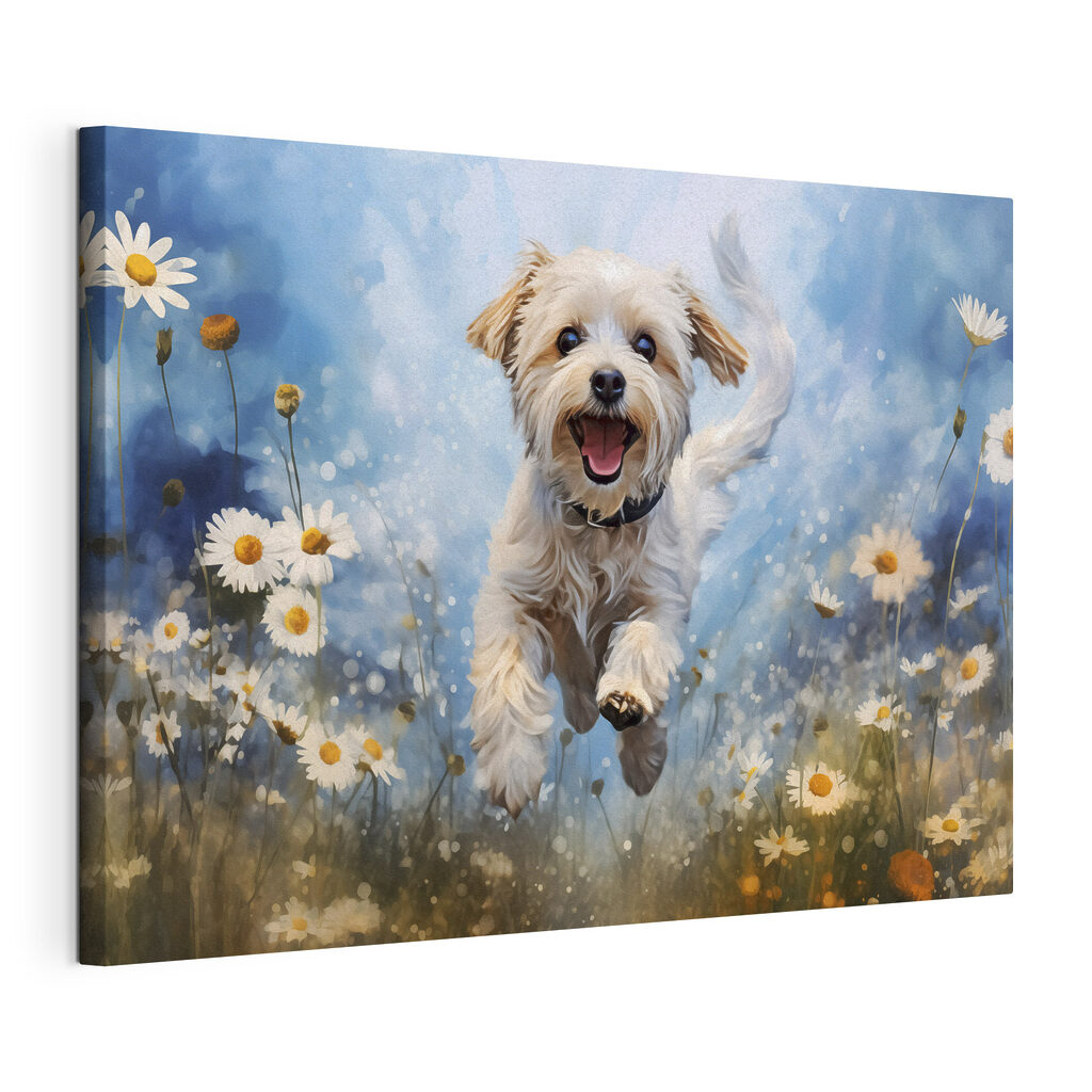 Hündchen springt durch Blumen, gespannte Leinwand mit umlaufender Kante