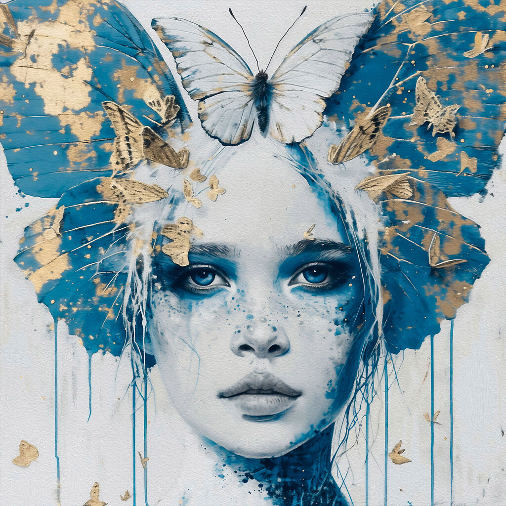 Schmetterling über blauen Augen — ganzes Design