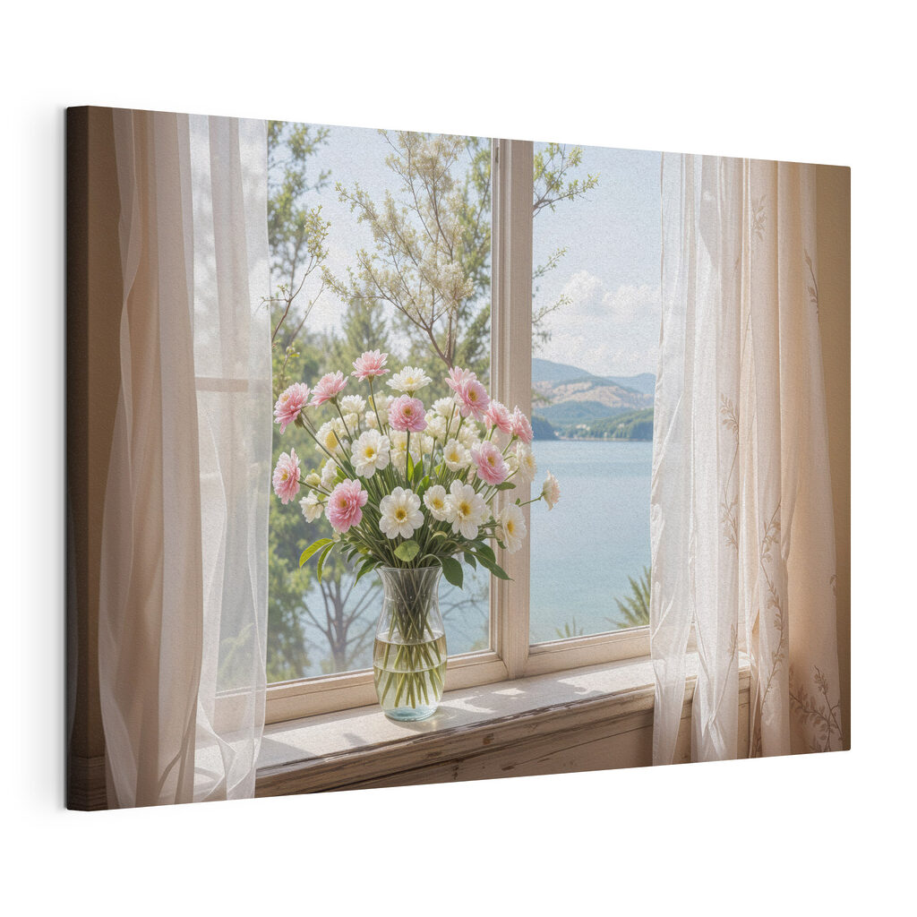 Blumenstrauß am See, gespannte Leinwand mit umlaufender Kante