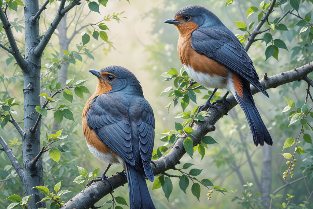 Zwei Vögel im Grün — ganzes Design