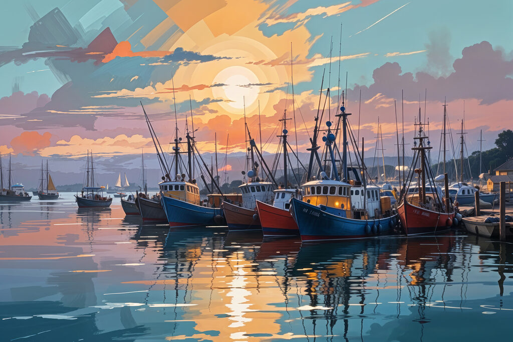 Fischerboote im Abendlicht — ganzes Design