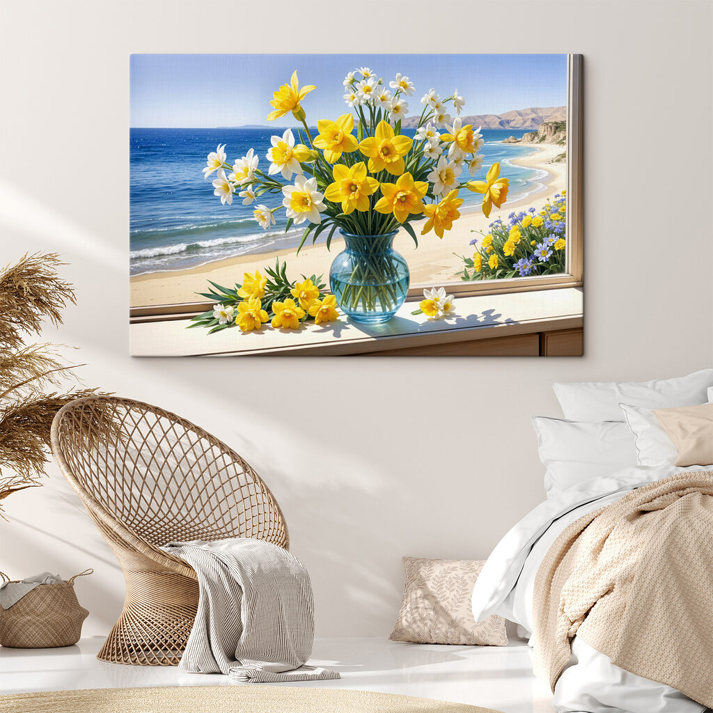 Narzissen vor blauer Bucht in einem Interieur