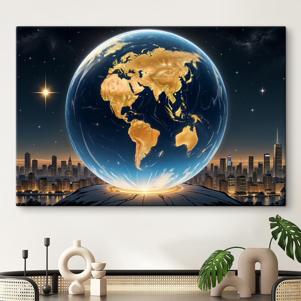 Globus über der Stadt in einem Interieur