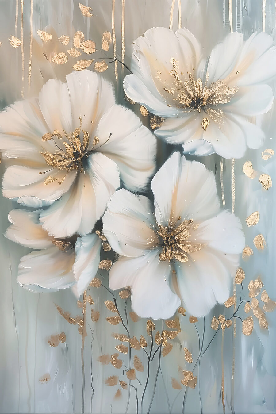 Blüten zwischen blauen Bahnen — ganzes Design
