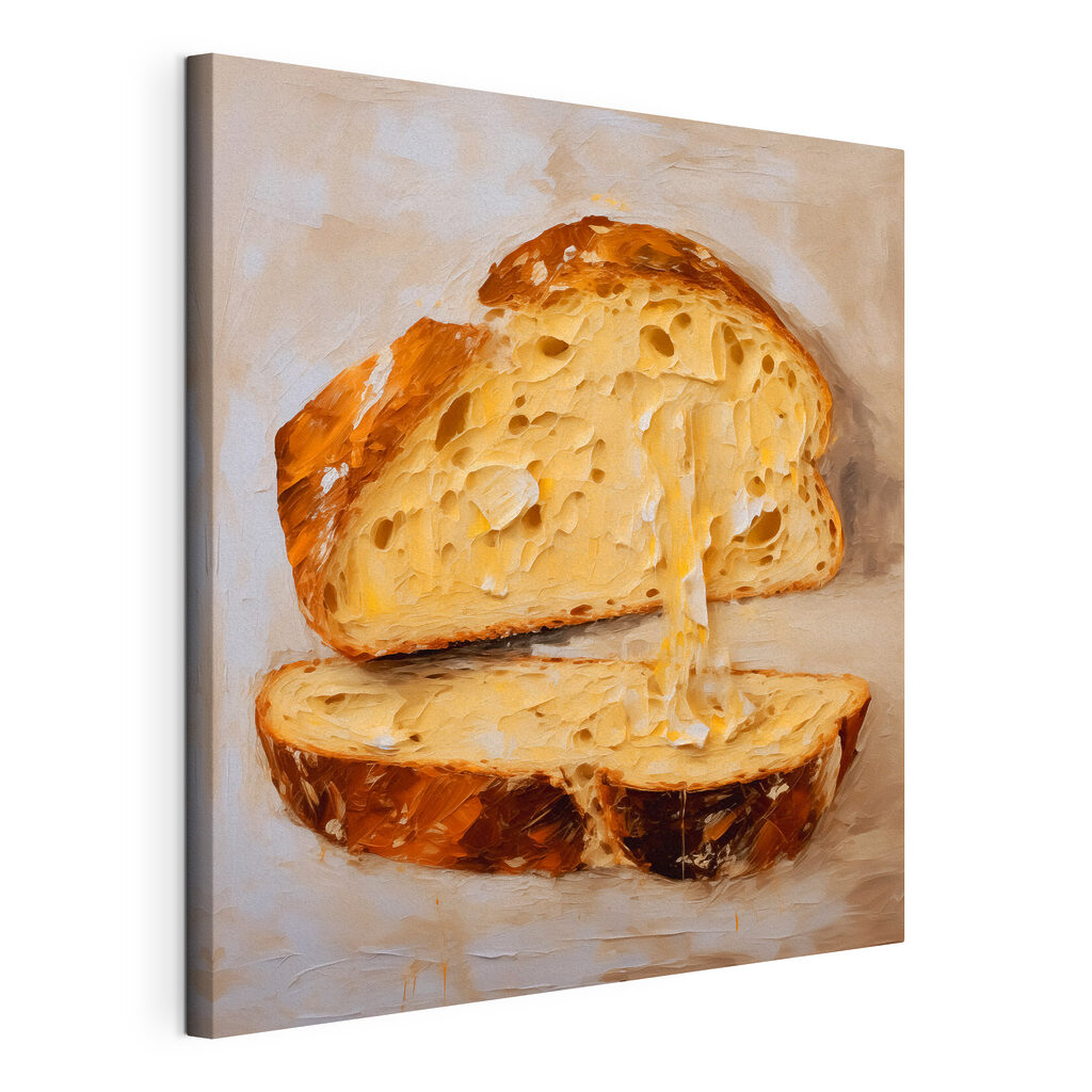 Brot mit geschmolzenem Käse, gespannte Leinwand mit umlaufender Kante