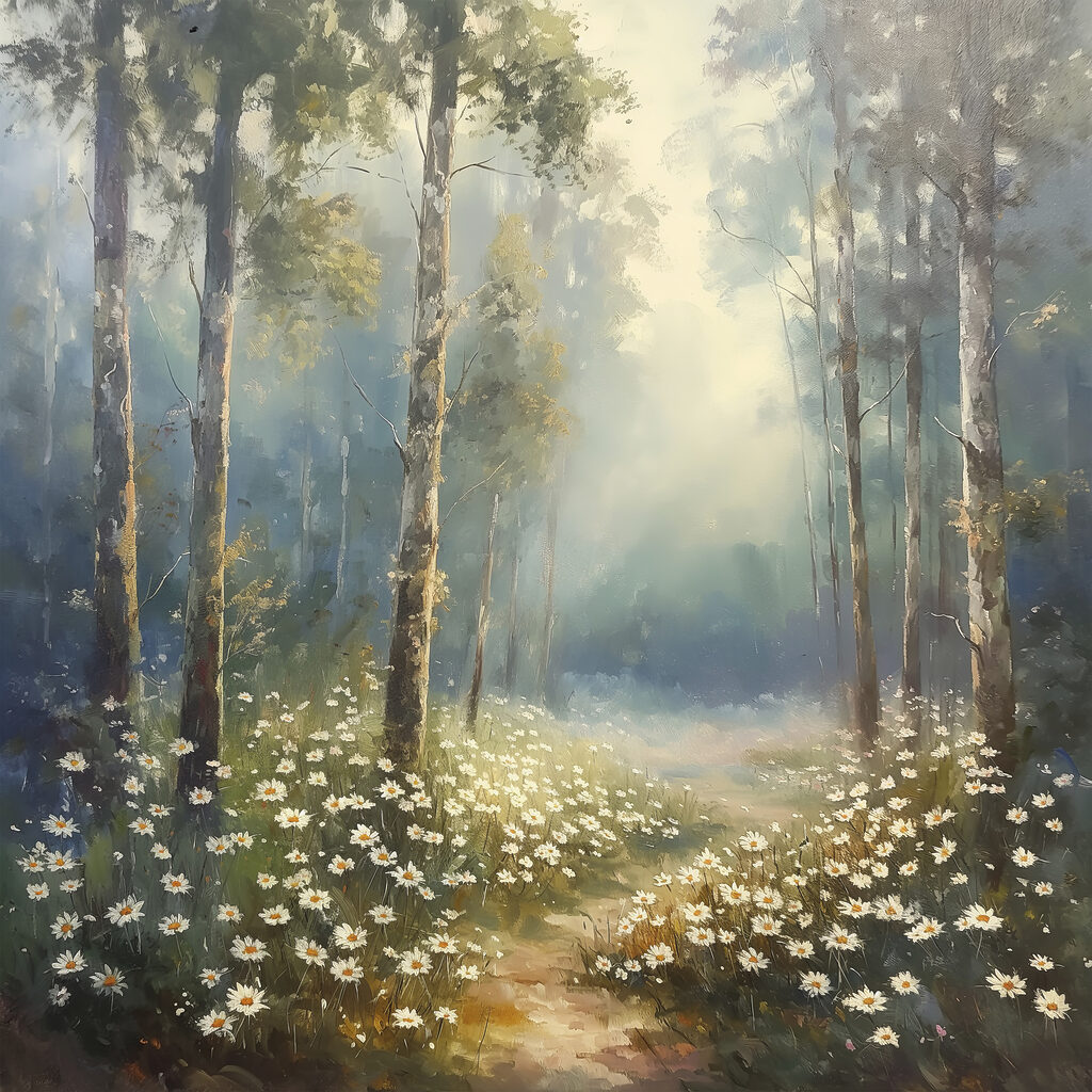 Waldweg voller Margeriten — ganzes Design