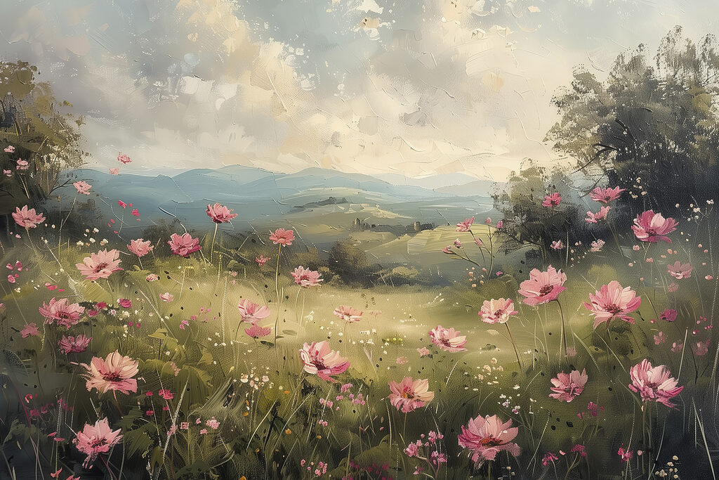 Tal mit rosa Wildblumen — ganzes Design