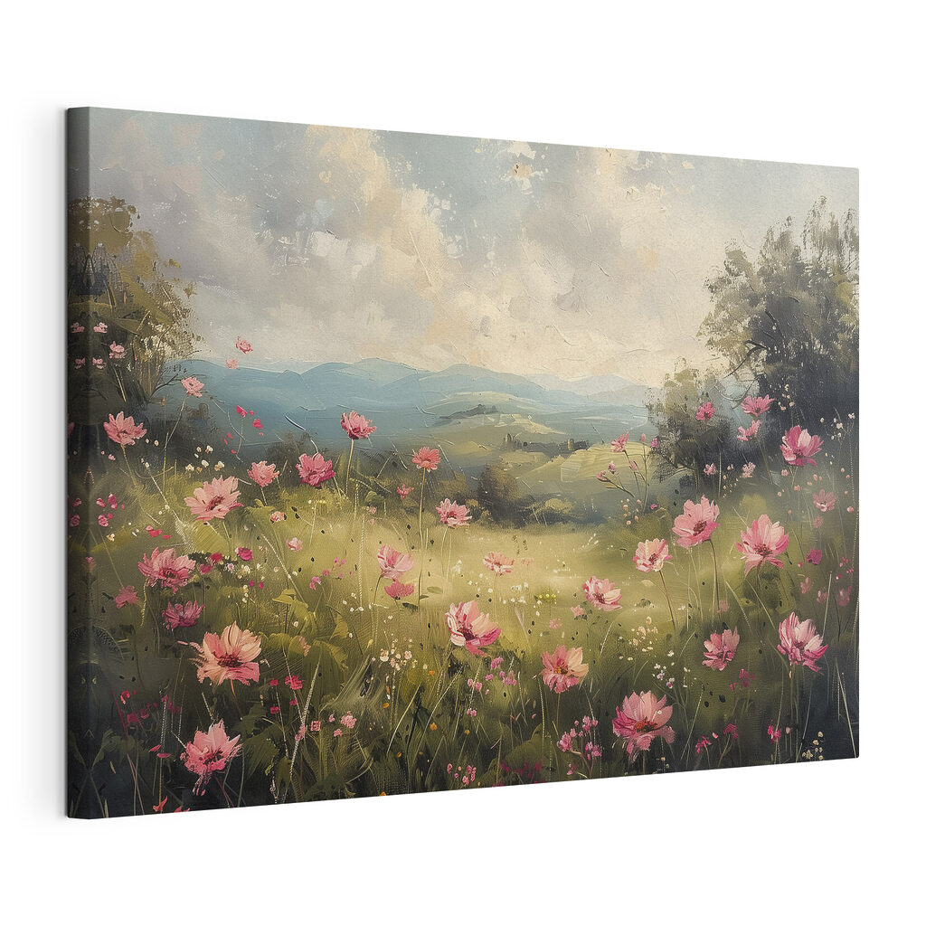 Tal mit rosa Wildblumen, gespannte Leinwand mit umlaufender Kante