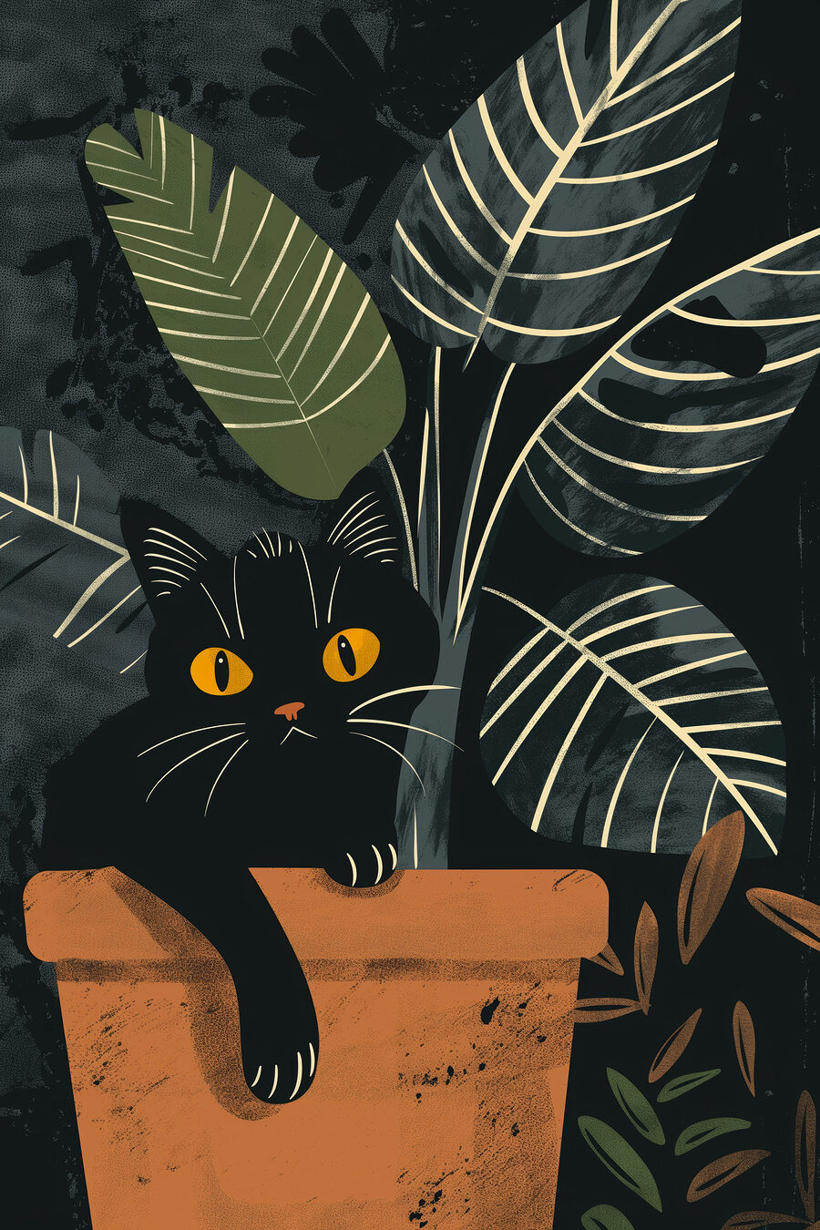 Schwarze Katze im Blattwerk — ganzes Design