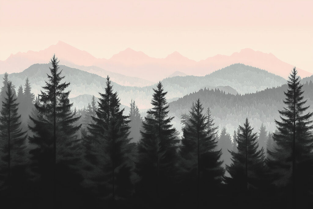 Kiefern vor rosa Horizont — ganzes Design