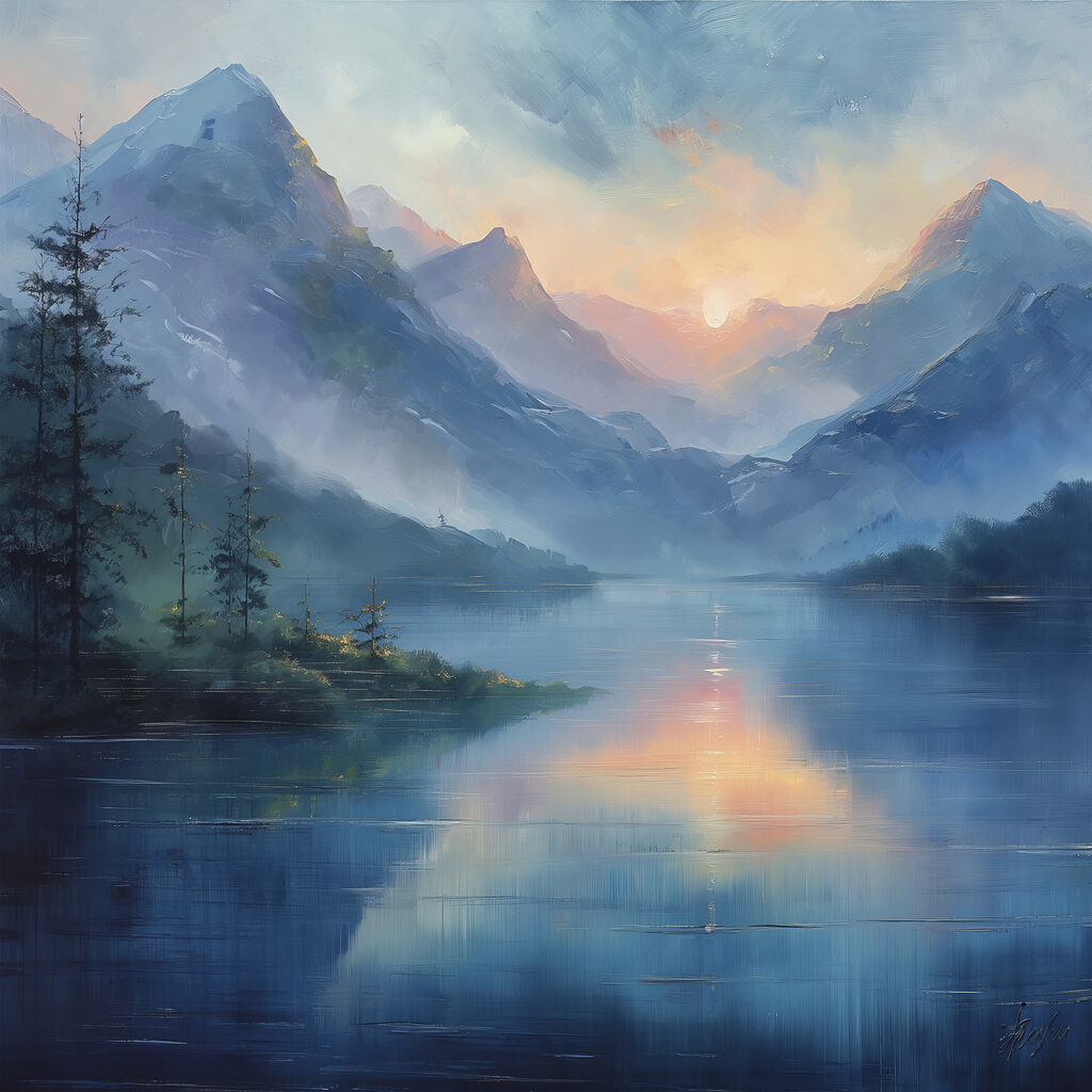 Bergsee im blauen Abendnebel — ganzes Design