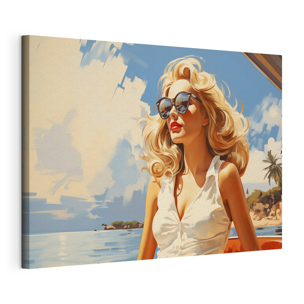 Sonnenbrille unter Sommerhimmel, gespannte Leinwand mit umlaufender Kante
