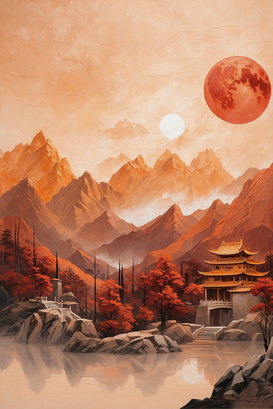 Tempel unter rotem Mond — ganzes Design