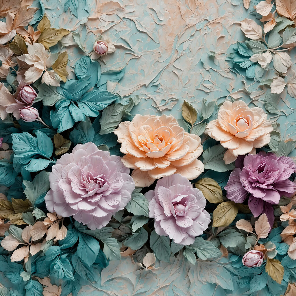 Pastellblüten zwischen kühlen Blättern — ganzes Design