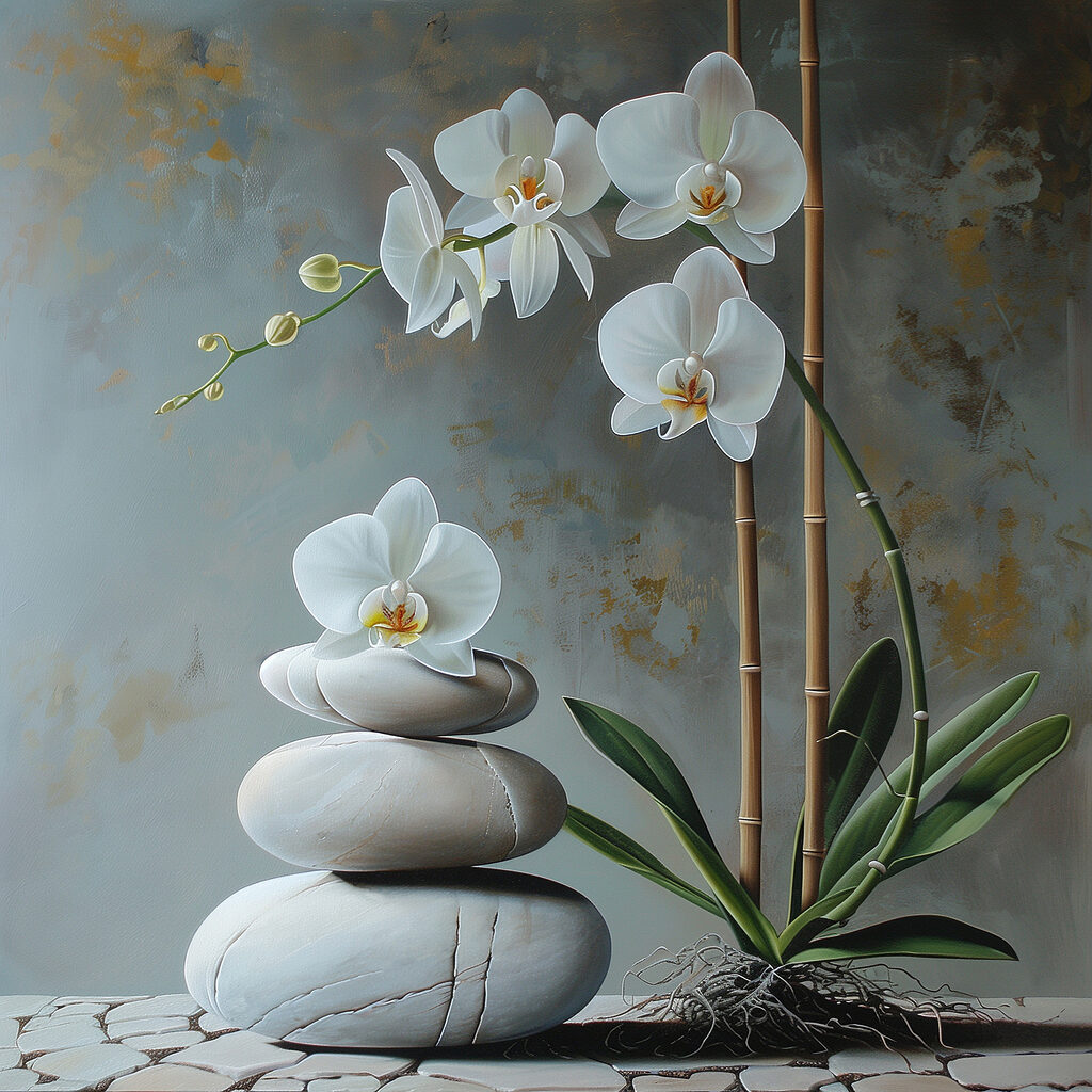 Orchidee über gestapelten Kieseln — ganzes Design