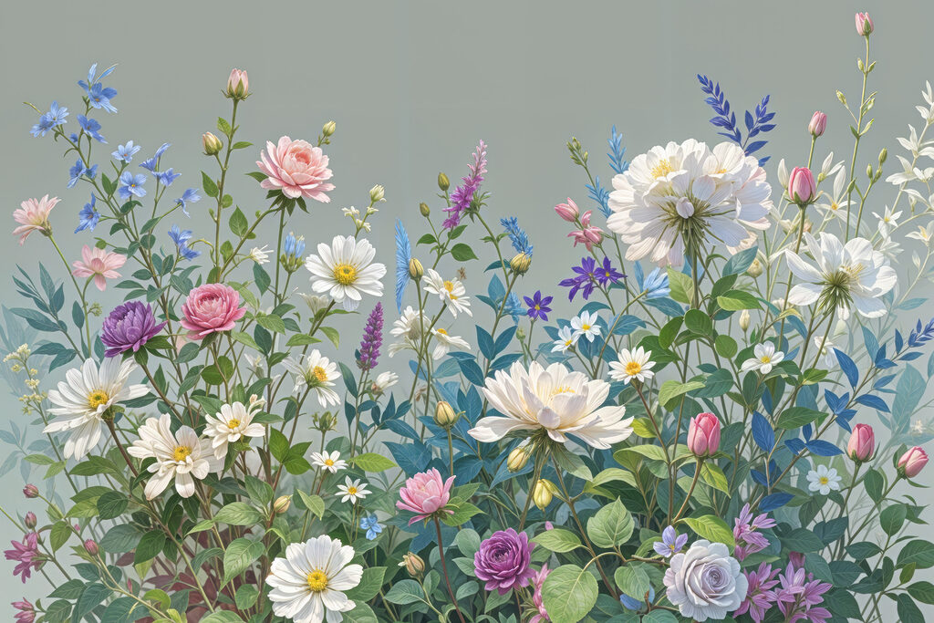 Blumenwiese in Graugrün — ganzes Design