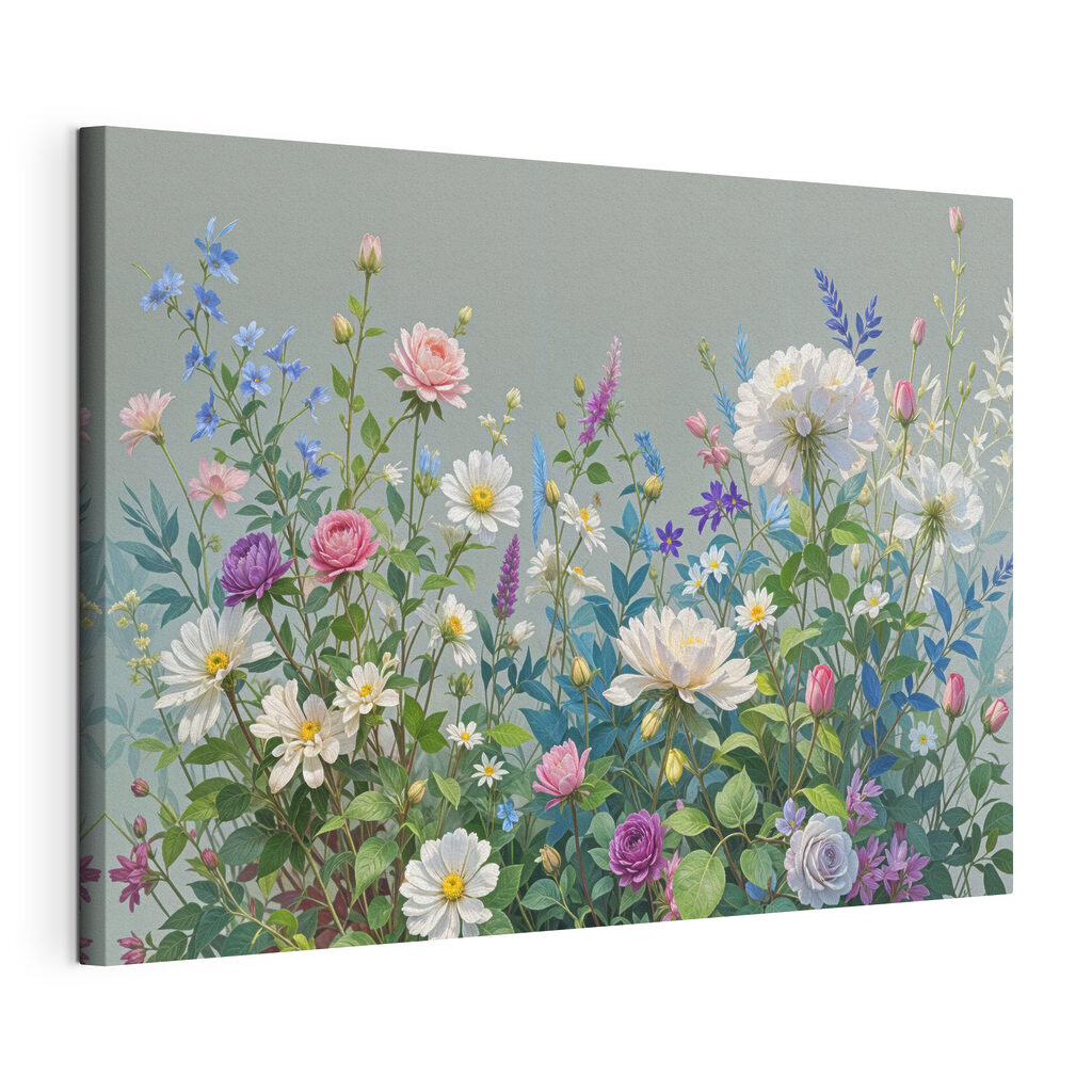 Blumenwiese in Graugrün, gespannte Leinwand mit umlaufender Kante