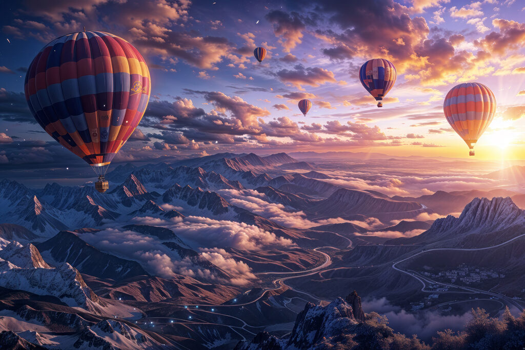 Heißluftballons über violetten Bergen — ganzes Design
