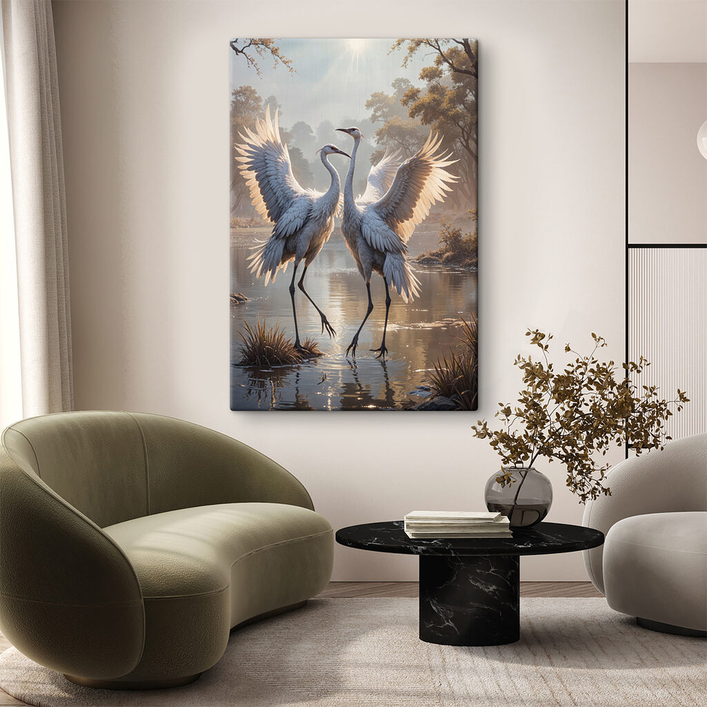 Tanz der Kraniche in einem Interieur