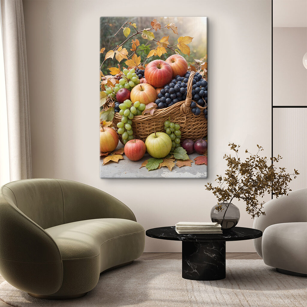 Korb voller Herbstfrüchte in einem Interieur