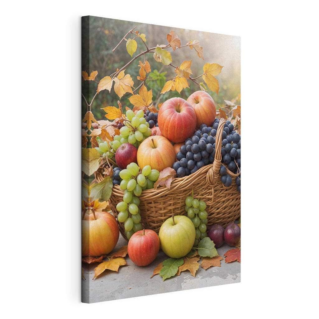 Korb voller Herbstfrüchte, gespannte Leinwand mit umlaufender Kante