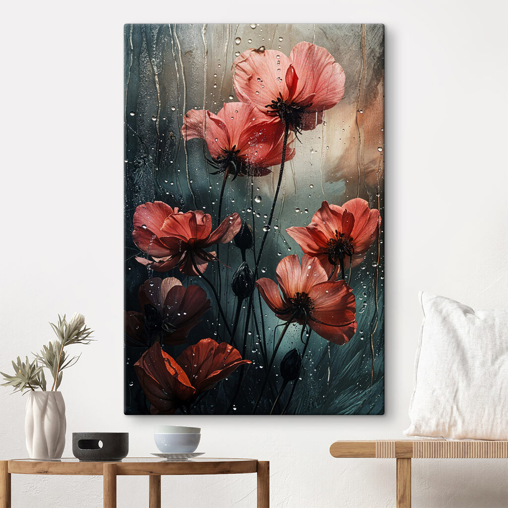 Rote Blüten am Regenfenster — Interieur 1