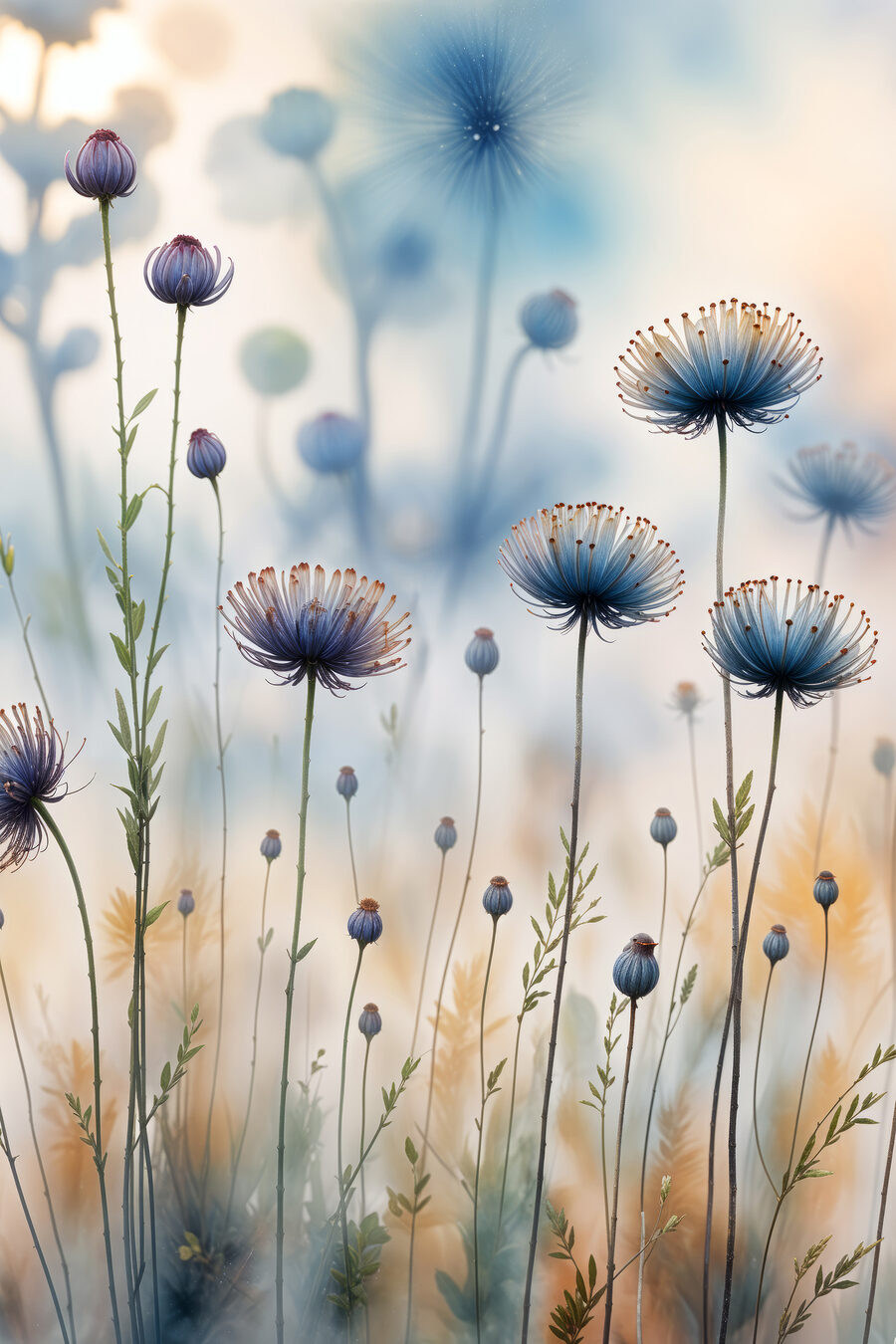 Blaue Blütenkugeln im Gras — ganzes Design