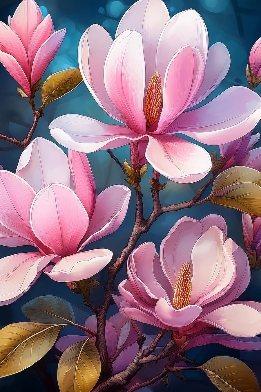 Rosa Magnolie auf Nachtblau — ganzes Design