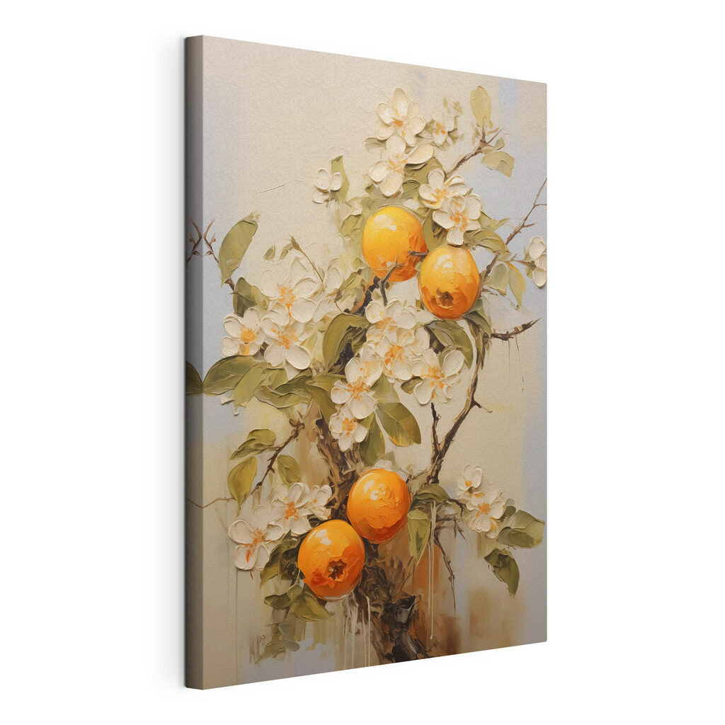 Orangen zwischen weißen Blüten, gespannte Leinwand mit umlaufender Kante