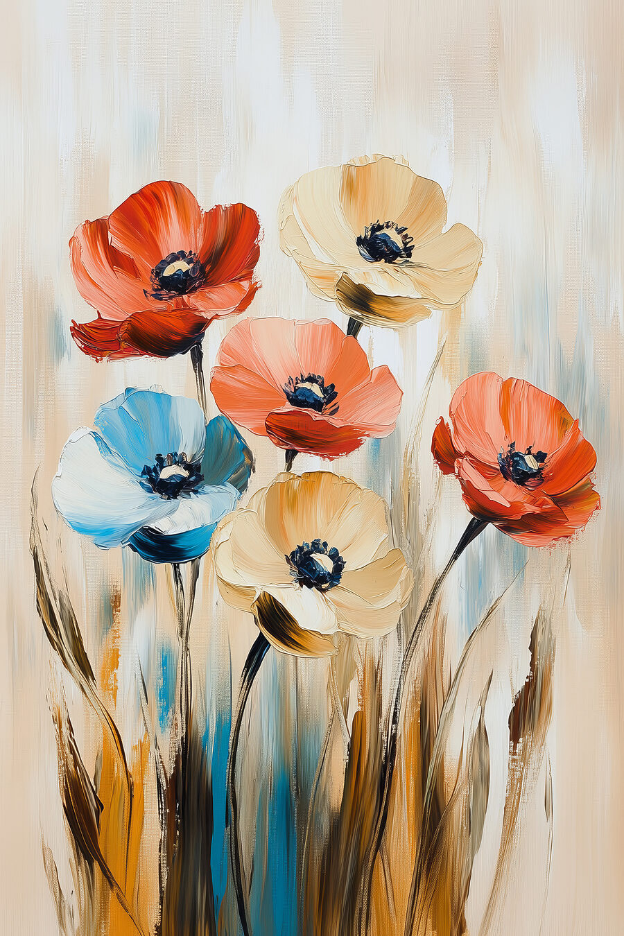 Blumen zwischen blauen Halmen — ganzes Design