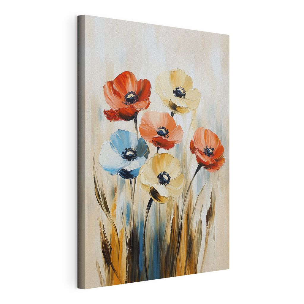 Blumen zwischen blauen Halmen, gespannte Leinwand mit umlaufender Kante