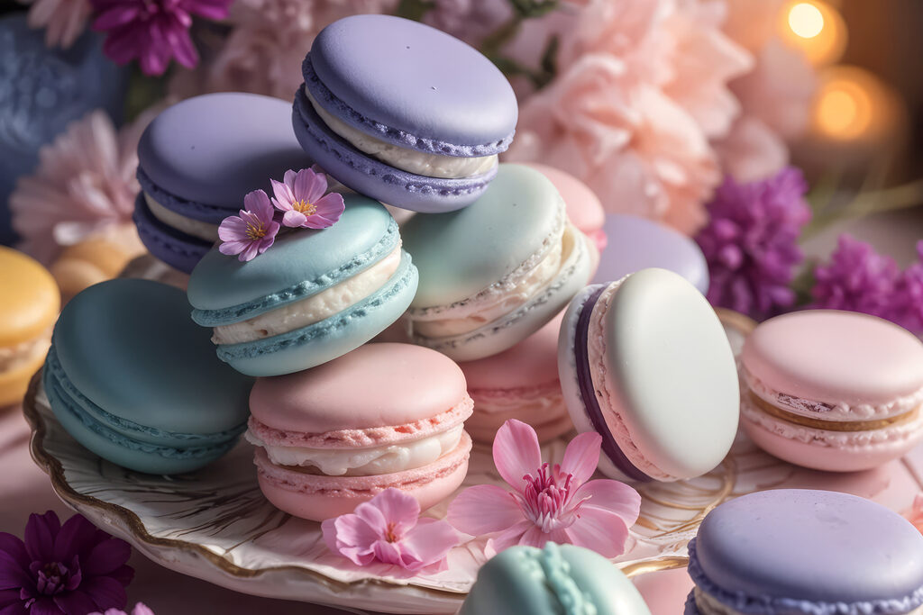 Macarons zwischen lila Blüten — ganzes Design