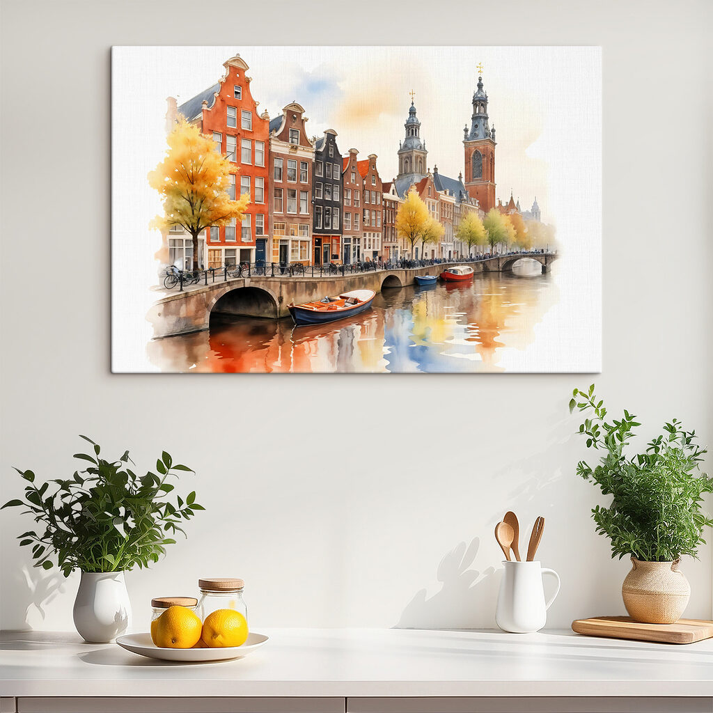Amsterdam in goldenem Aquarell in einem Interieur