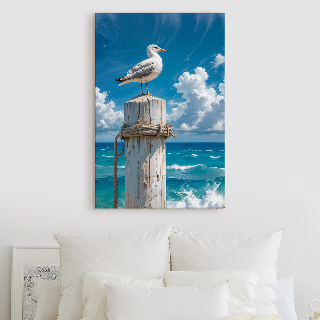 Möwe auf einem Strandpfahl in einem Interieur