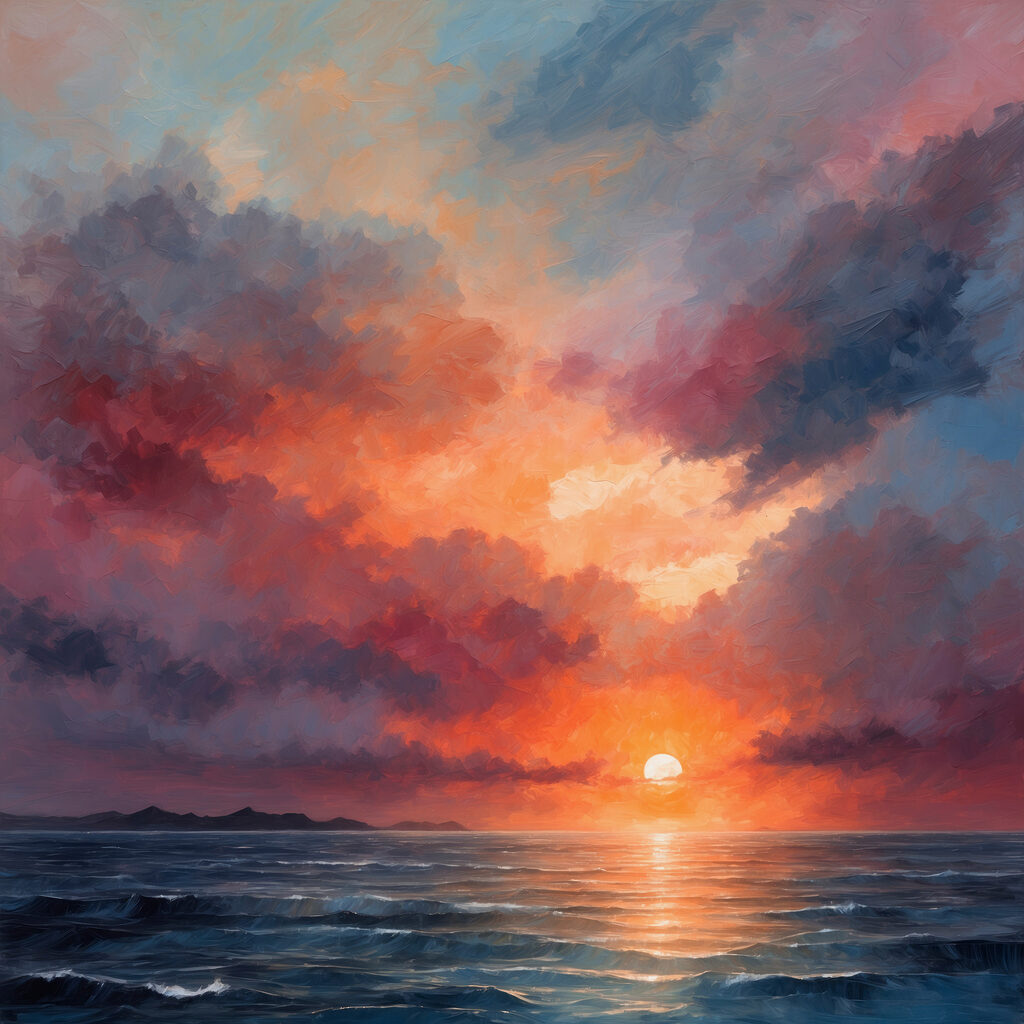 Abendsonne zwischen violetten Wolken — ganzes Design