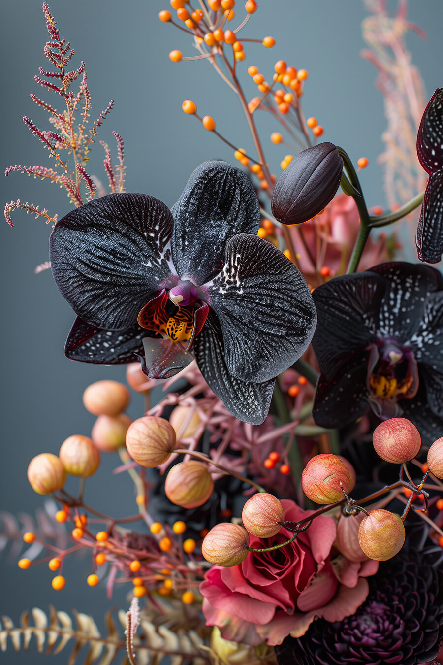 Schwarze Orchidee zwischen Beeren — ganzes Design
