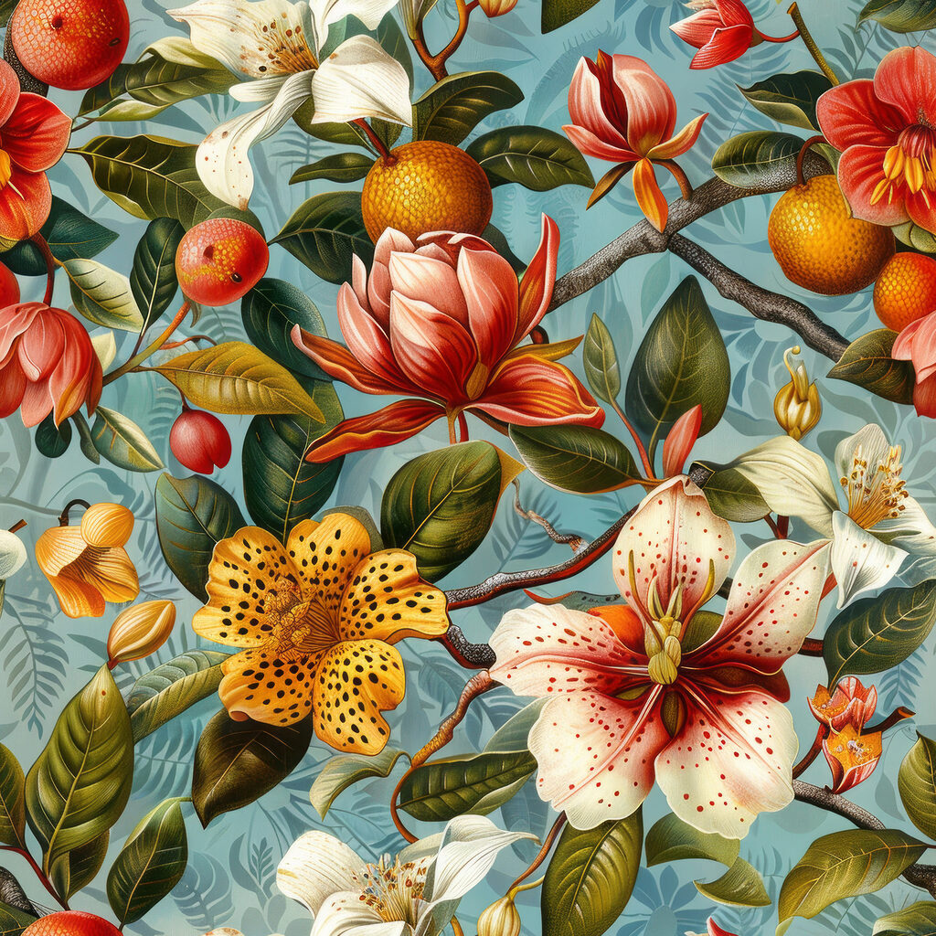 Blüten zwischen orangefarbenen Früchten — ganzes Design