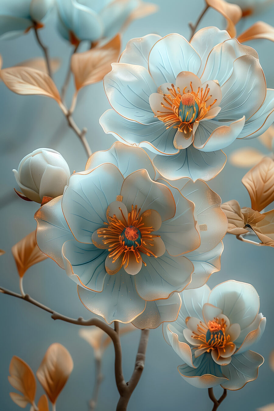 Blaue Blüten, goldene Zweige — ganzes Design