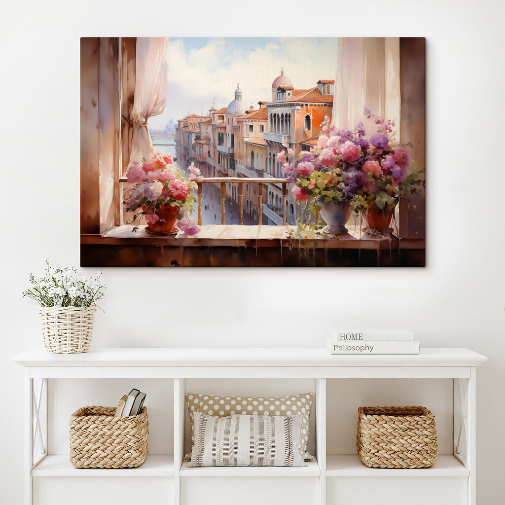 Blumen über warmen Dächern in einem Interieur