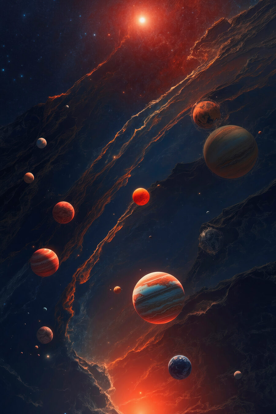 Planeten an einer Feuerspur — ganzes Design