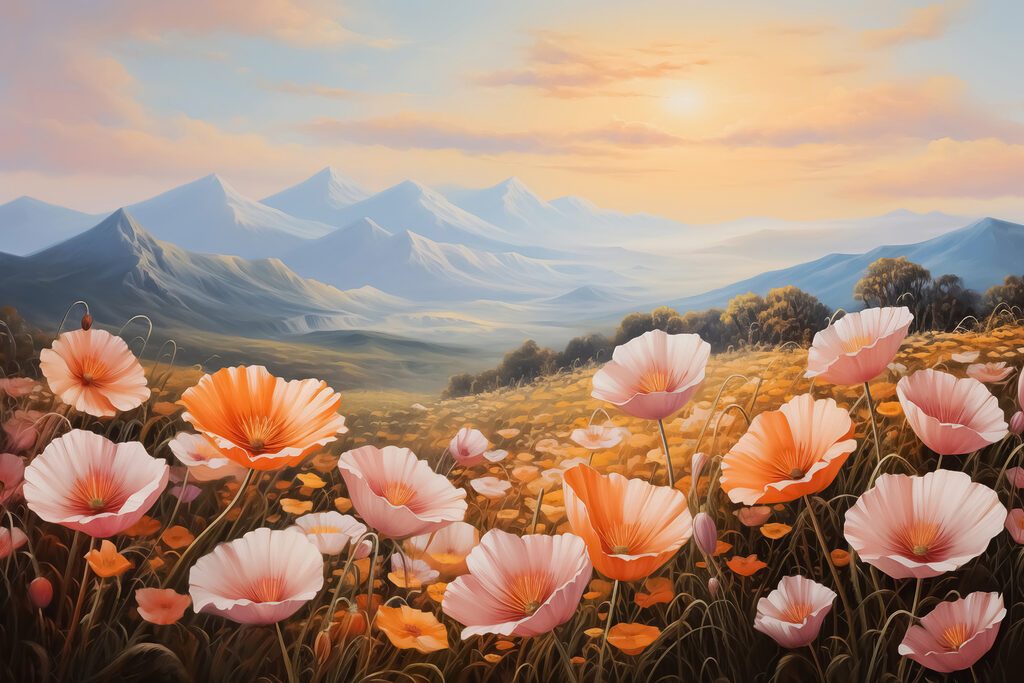 Rosa Wildblumen vor Bergen — ganzes Design