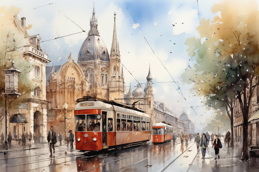 Rote Straßenbahn im Regen — ganzes Design