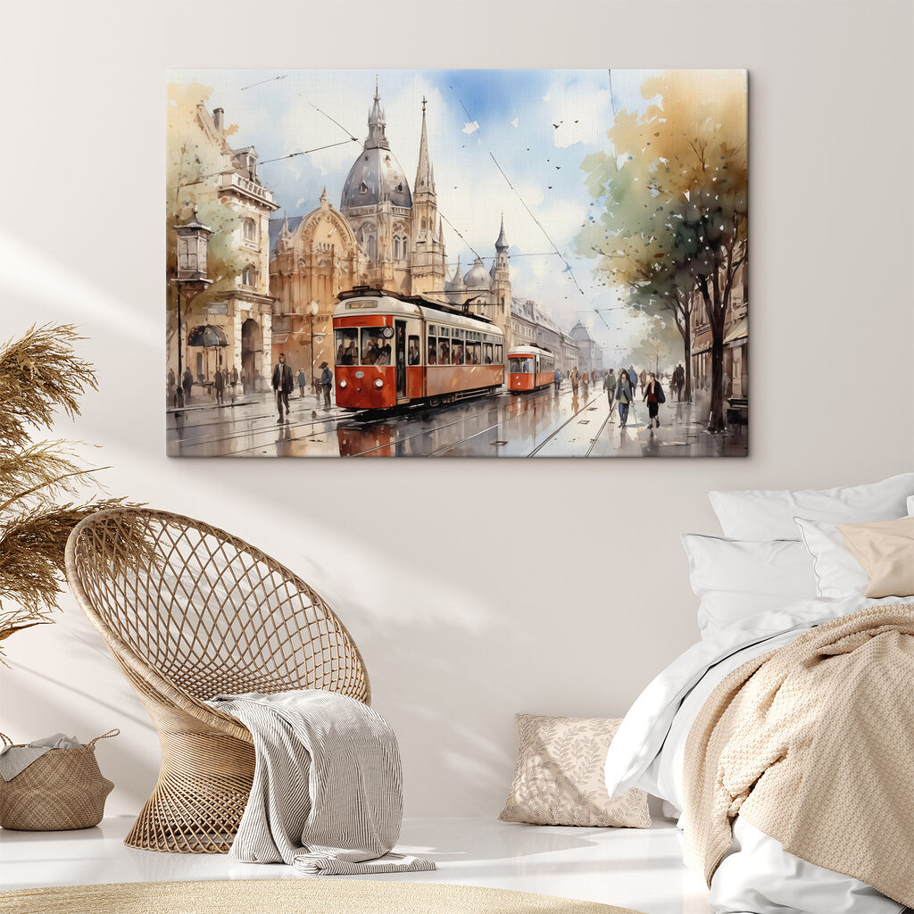 Rote Straßenbahn im Regen in einem Interieur