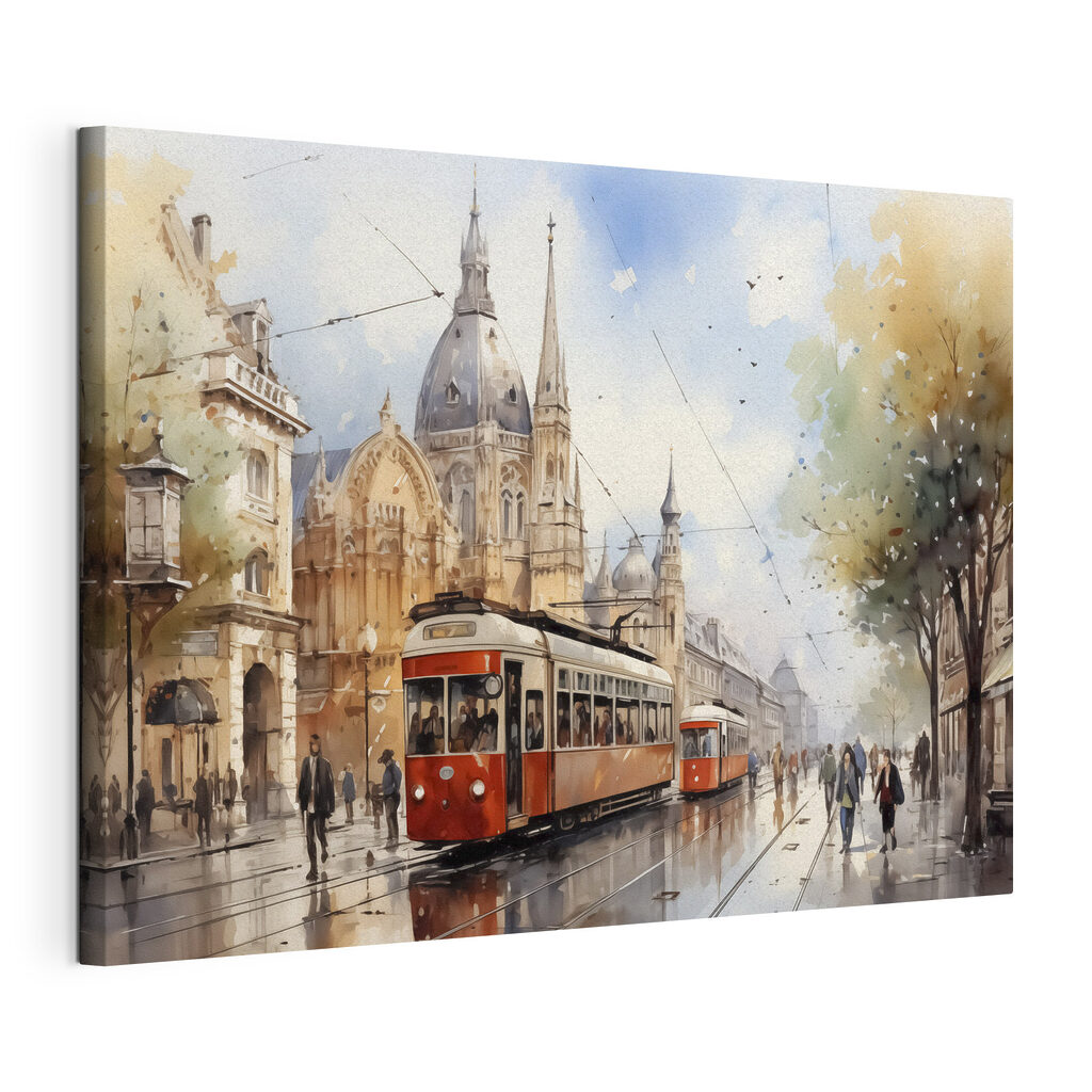 Rote Straßenbahn im Regen, gespannte Leinwand mit umlaufender Kante