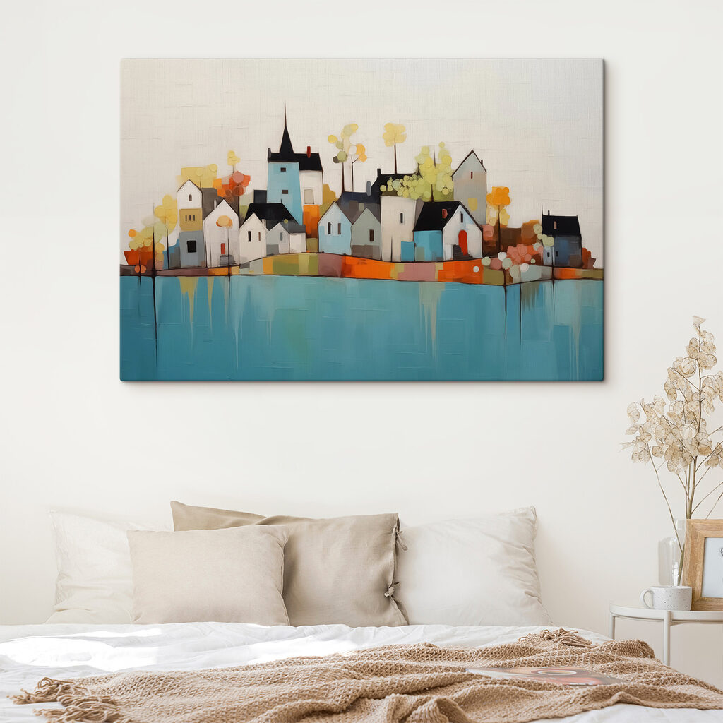Dorf über türkisfarbenem Wasser in einem Interieur