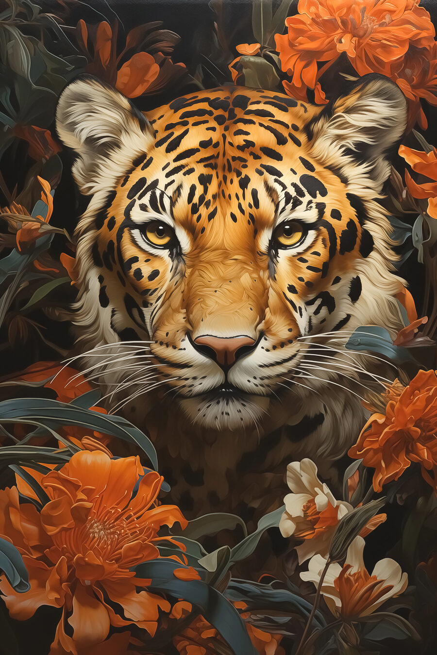 Tigerblick zwischen Blüten — ganzes Design