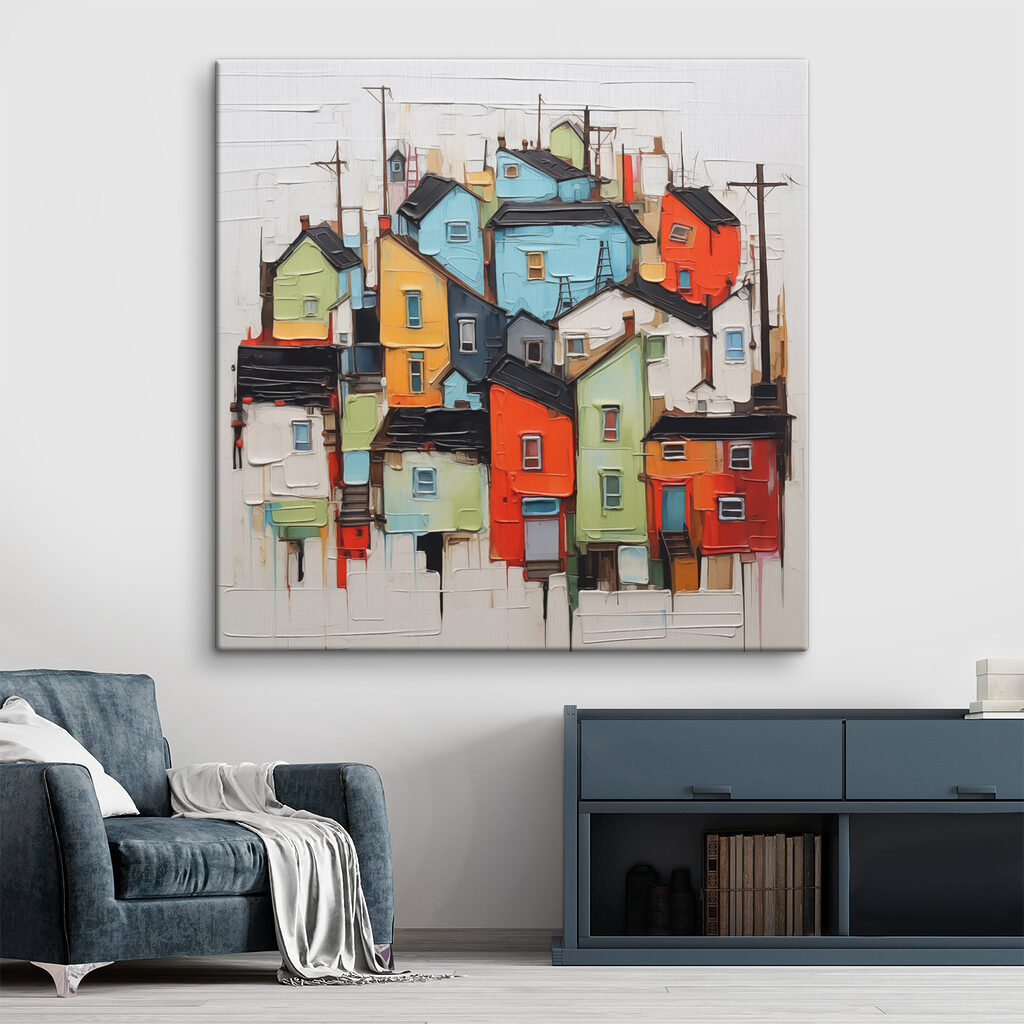 Bunte Häuser, dicht gedrängt in einem Interieur