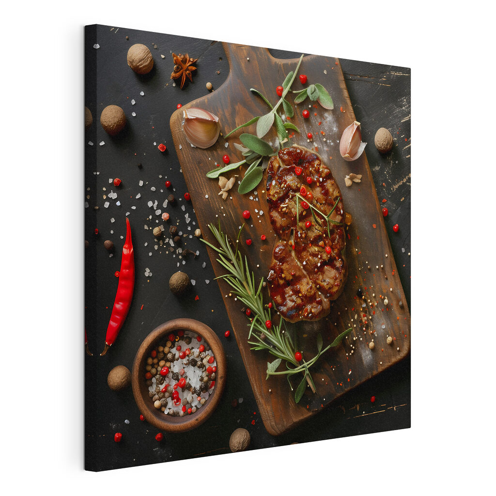 Steak mit Kräutern, gespannte Leinwand mit umlaufender Kante