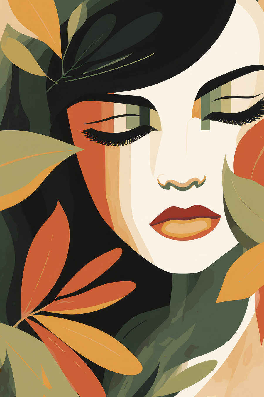 Geschlossene Augen im Herbstlaub — ganzes Design